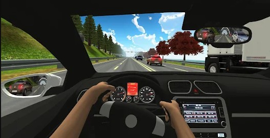 Alt text: First-person driving through highway traffic in Racing Limits.